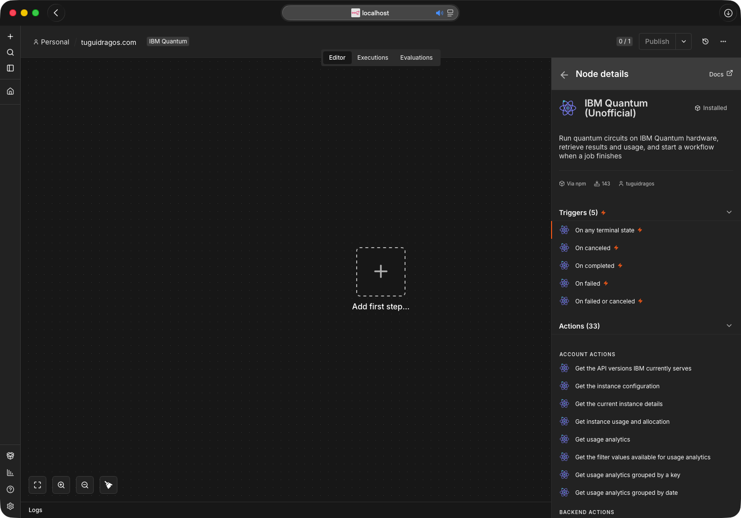 Node details panel listing five triggers and the Account actions, as the panel read on 0.5.0