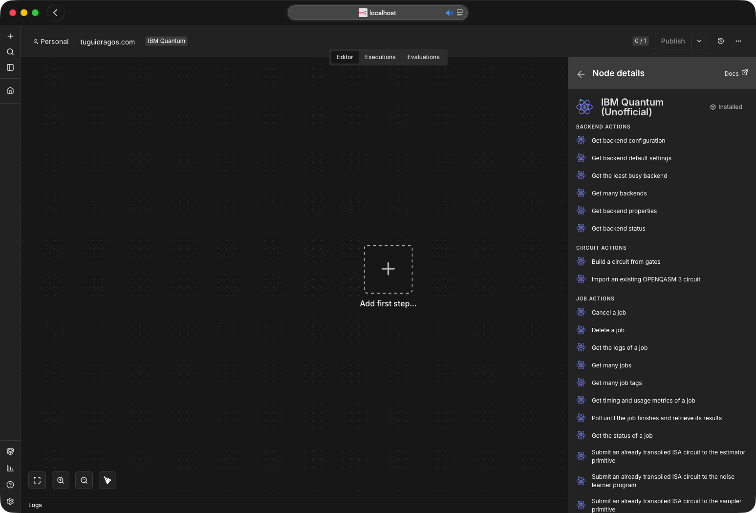 The same panel scrolled to the Backend, Circuit and Job actions