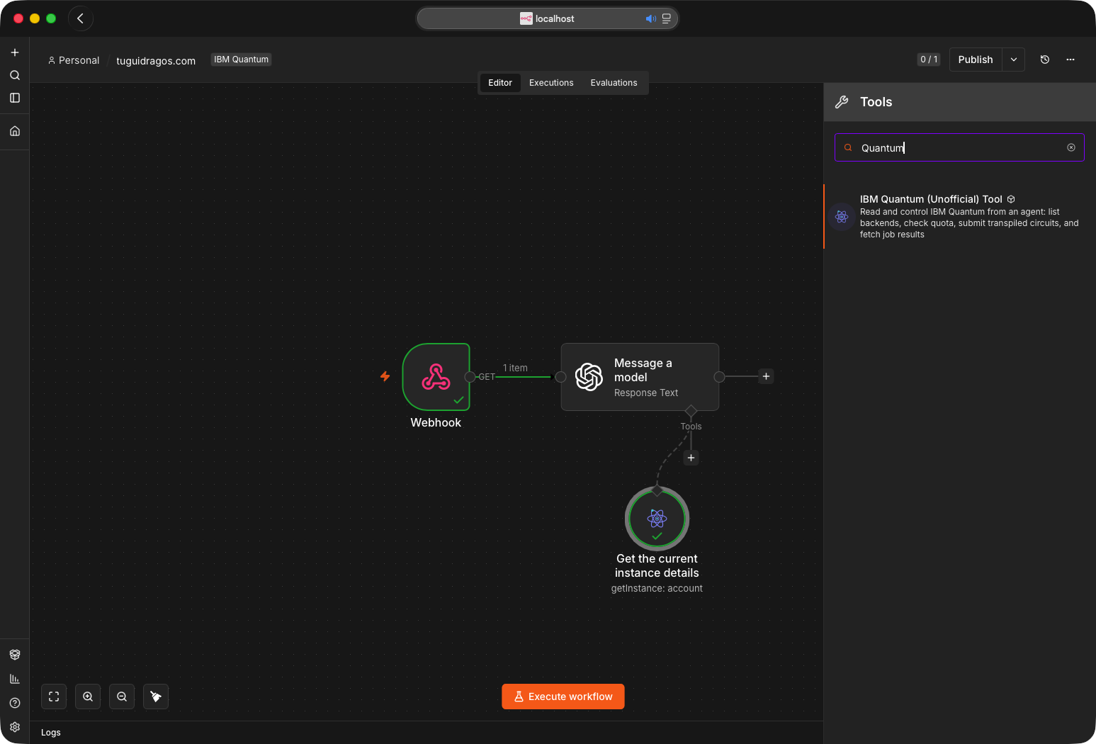 The IBM Quantum Tool attached to an OpenAI node, both showing a successful run