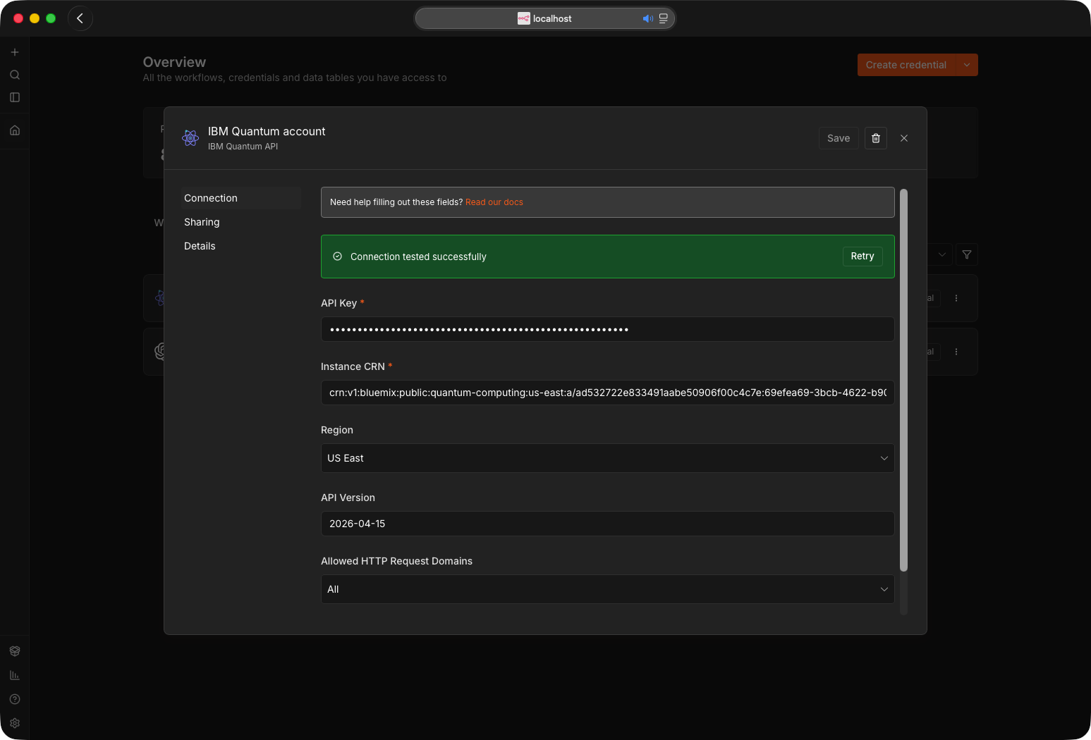 The IBM Quantum API credential in n8n reporting a successful connection test