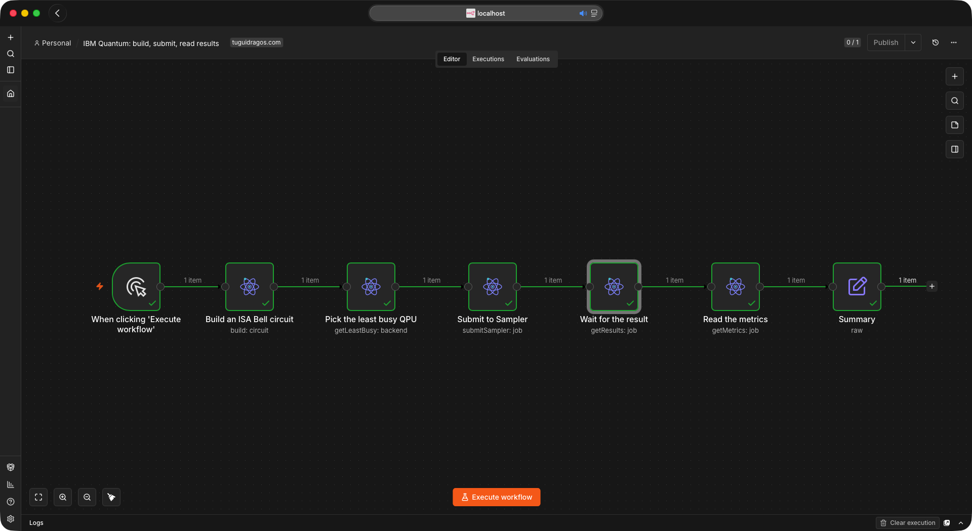 Seven connected nodes, each with a green success tick, passing one item along the chain