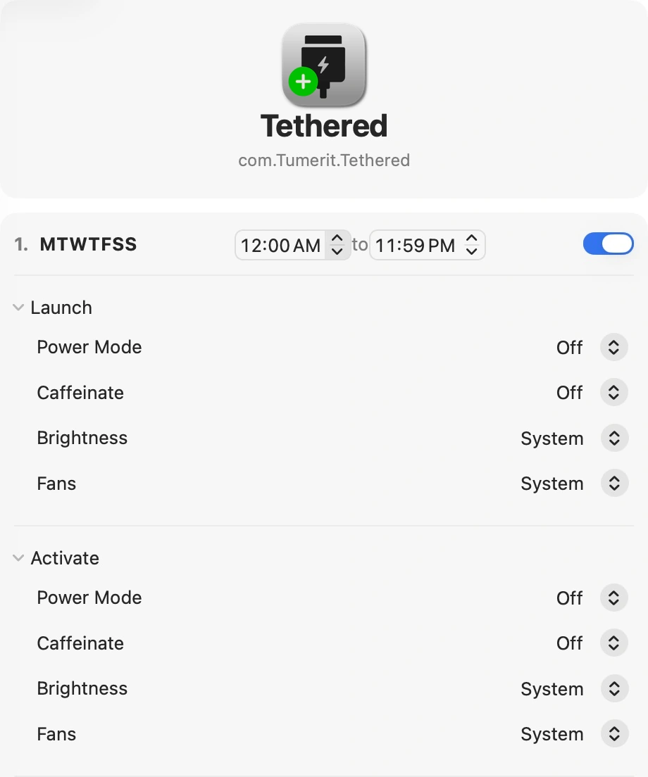Tethered app schedule with launch and activation actions