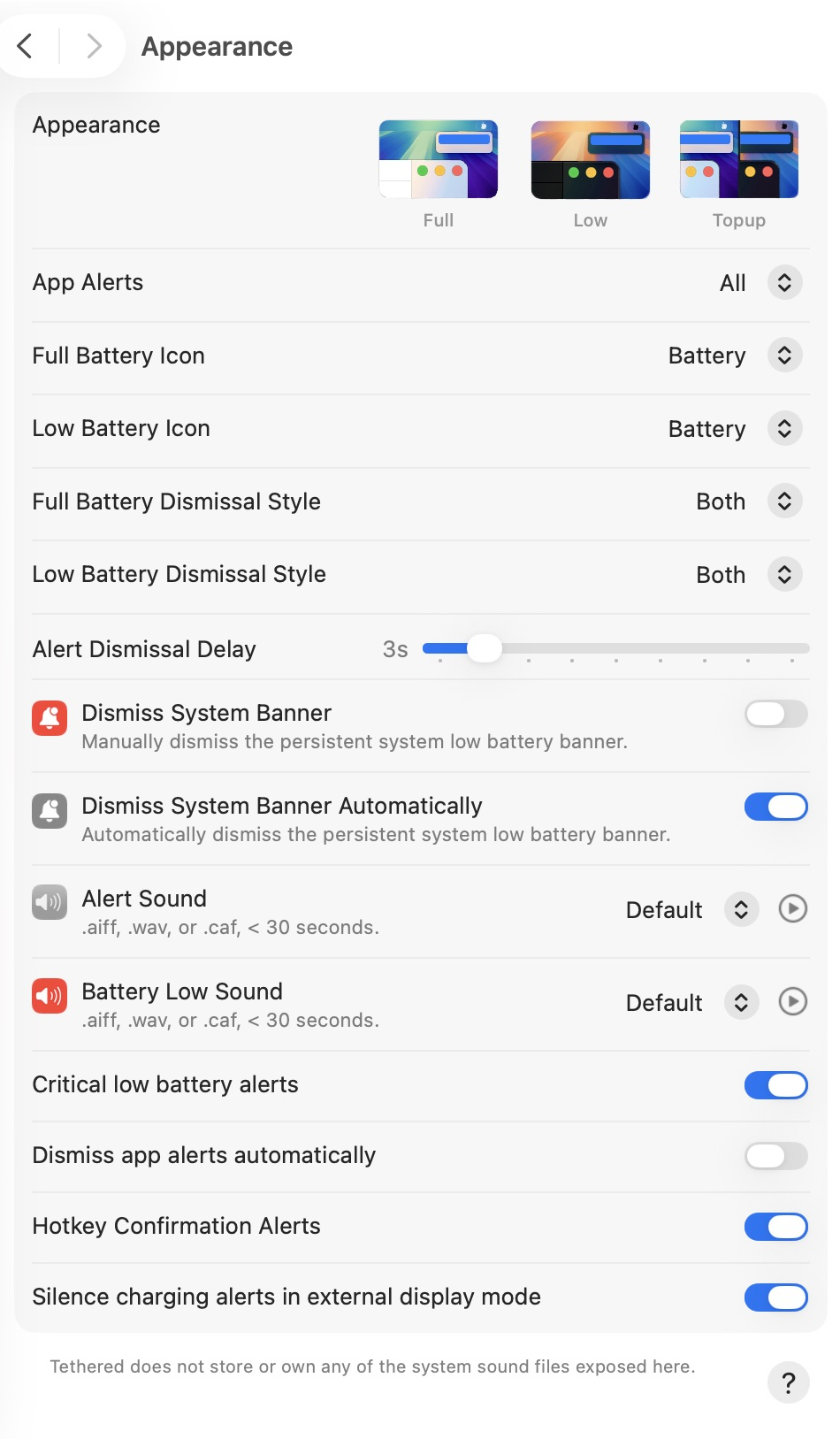 Complete Appearance settings with battery alerts, icons, sounds, critical alerts, and dismissal controls