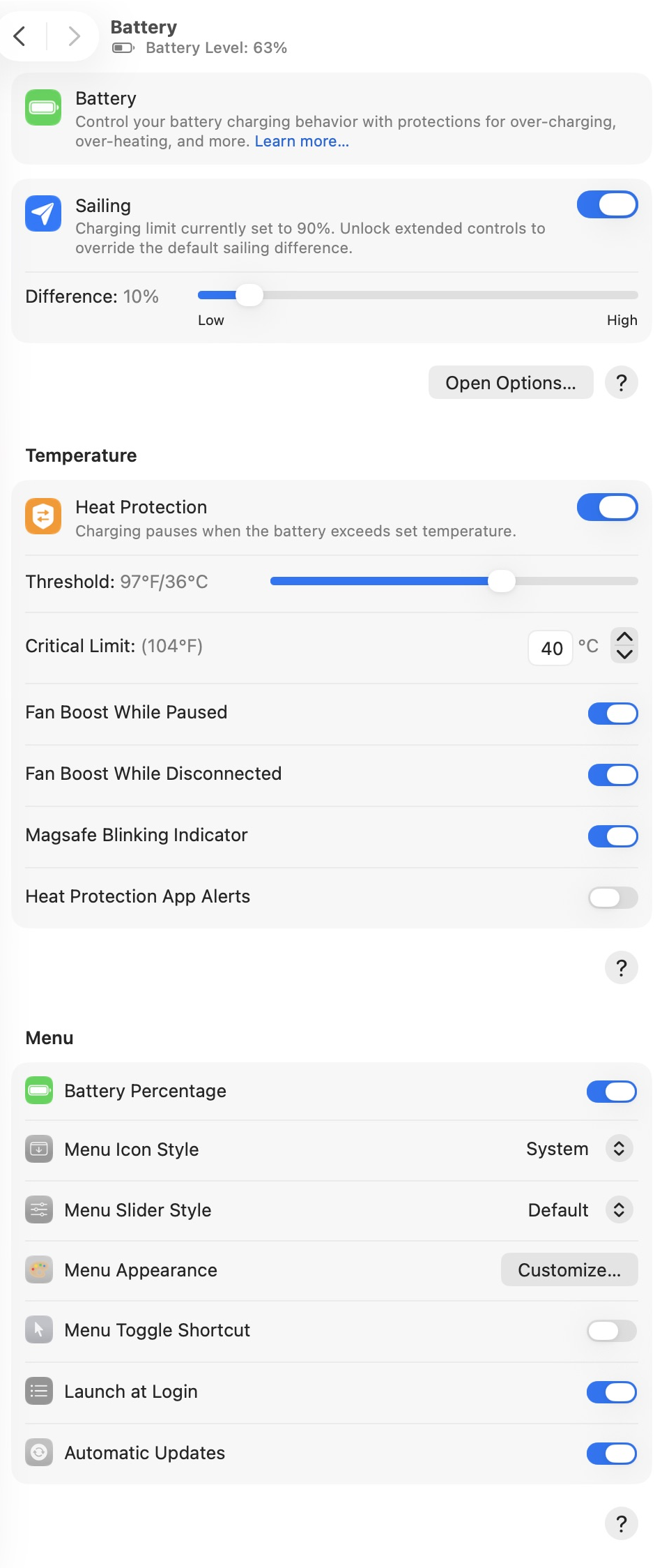 Complete Battery settings, including Sailing, heat protection, fan boost, and menu controls