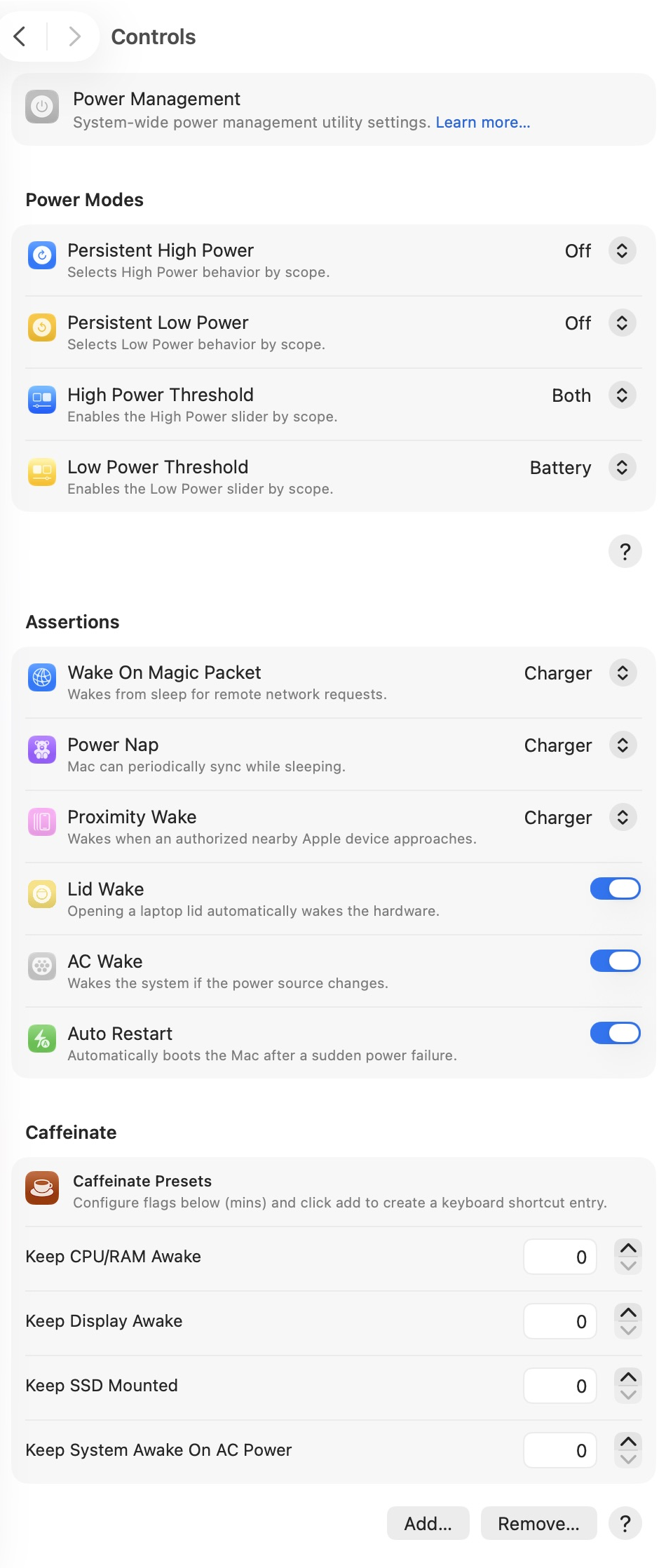 Complete Control Center with persistent power modes, thresholds, wake assertions, and Caffeinate presets
