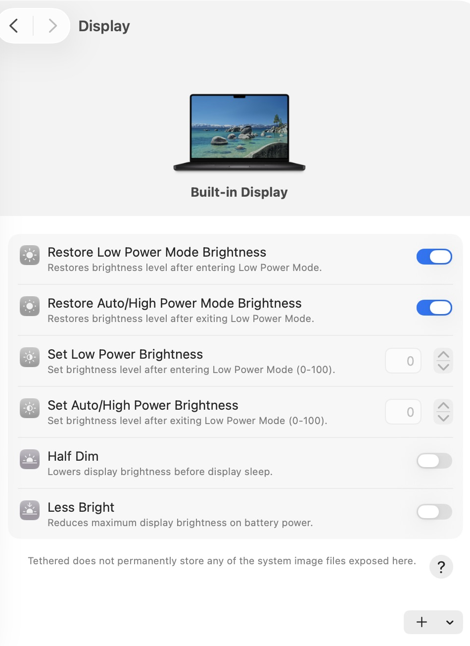 Complete Display settings with device preview and all six brightness controls