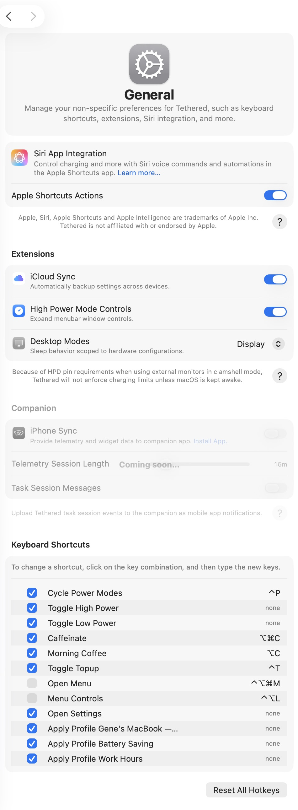 Complete General settings with Siri integration, extensions, companion preview, and keyboard shortcuts