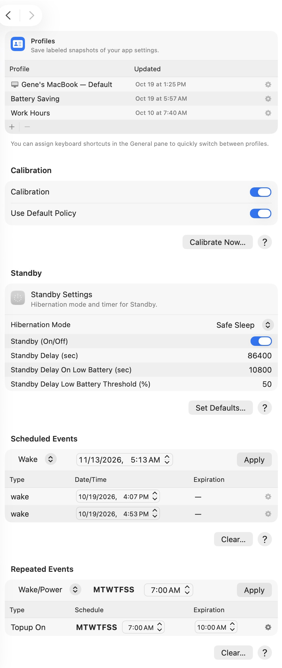 Complete Profile settings with saved profiles, calibration, standby, scheduled events, and repeated events