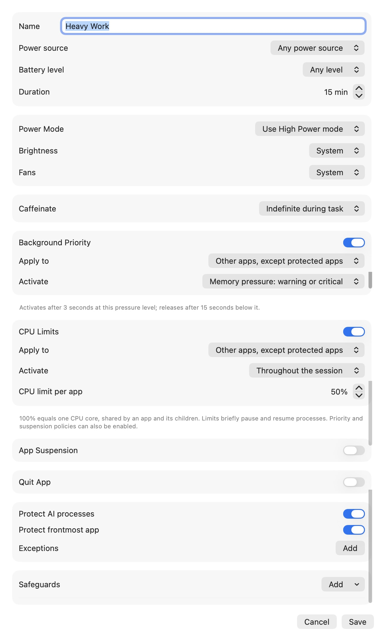 Complete task profile editor with power-source and battery-level conditions, duration, power mode, brightness, fans, Caffeinate, background priority, CPU limits, app suspension, process protection, and safeguards