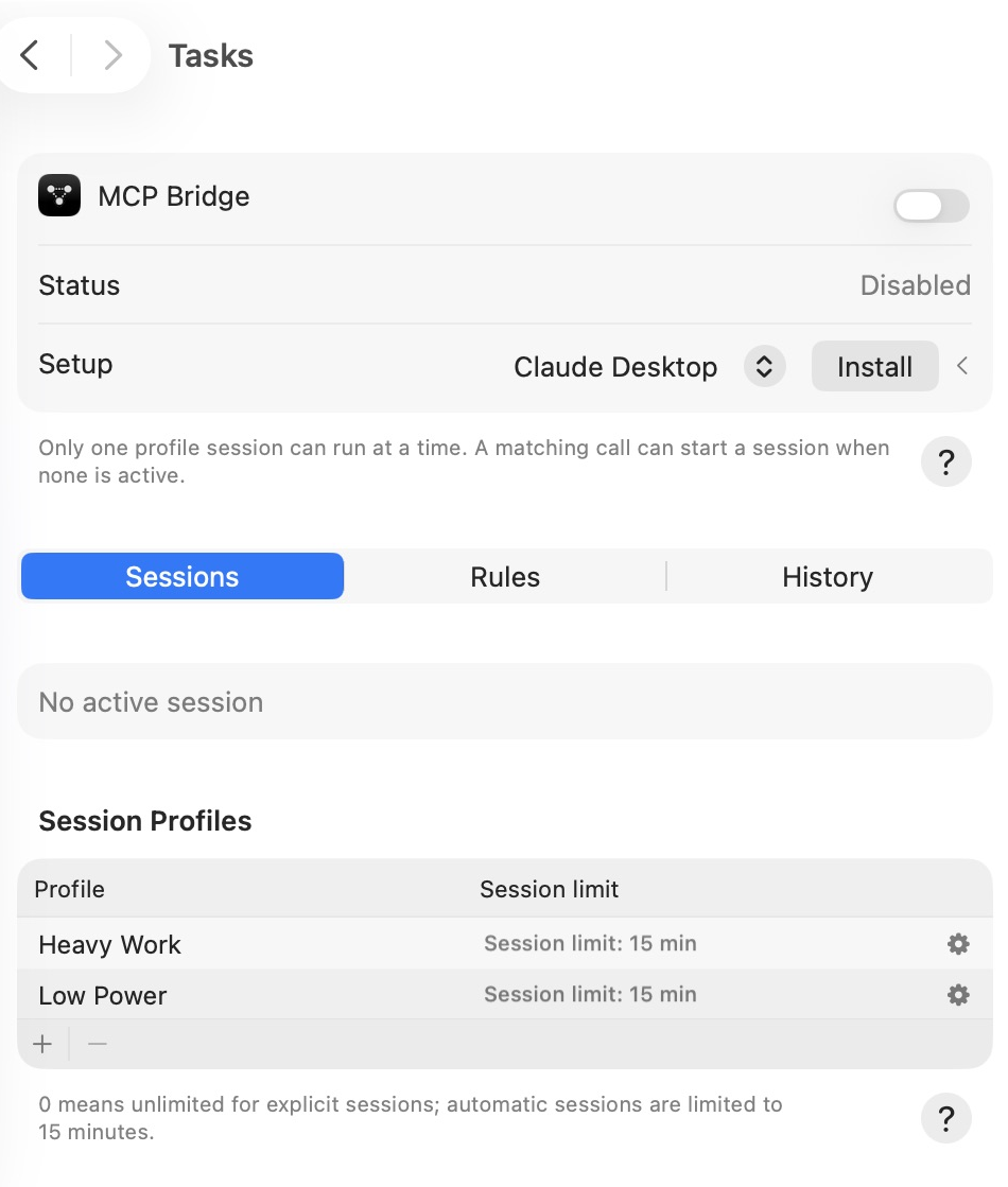 Complete Tasks Sessions view with MCP Bridge setup and saved task profiles