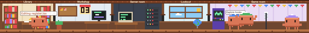Clawd's house: Clawd walks to the workshop to edit a file, a blue-capped Clawd runs to the lookout for a subagent, two others play volleyball