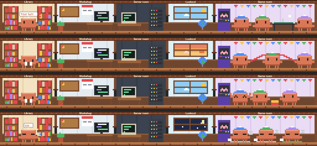 The game room: ping-pong and arcade, jump rope at dusk, a block tower, everyone asleep at night