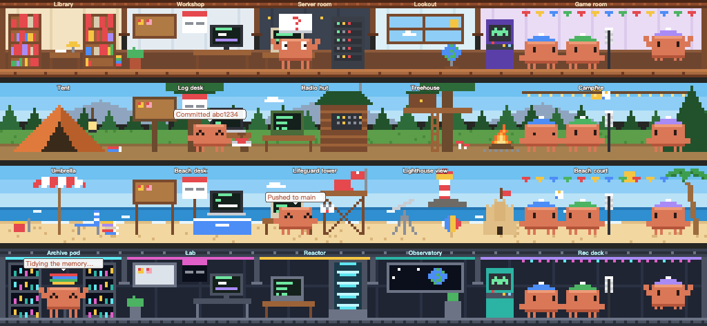 The moments in four scenes: Clawd holds up a "?" sign for your OK in the house, stamps a commit at the camp, sends a push off as an envelope on the beach, and carries the station's data off while compacting; the shelves and crystals show how full the context is
