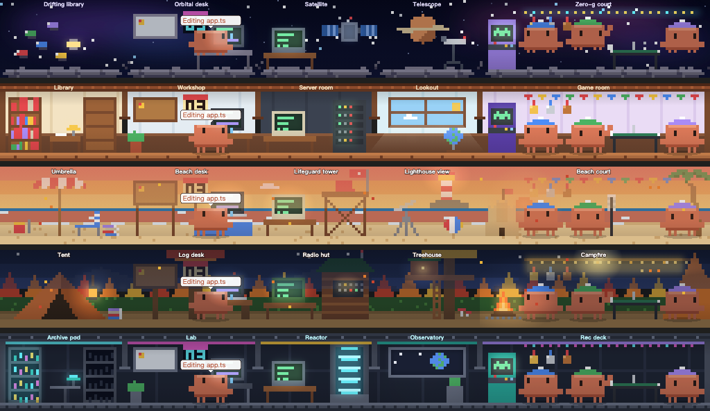 The five scenes: open space, the house, the beach at dusk, the forest camp, the space station at night
