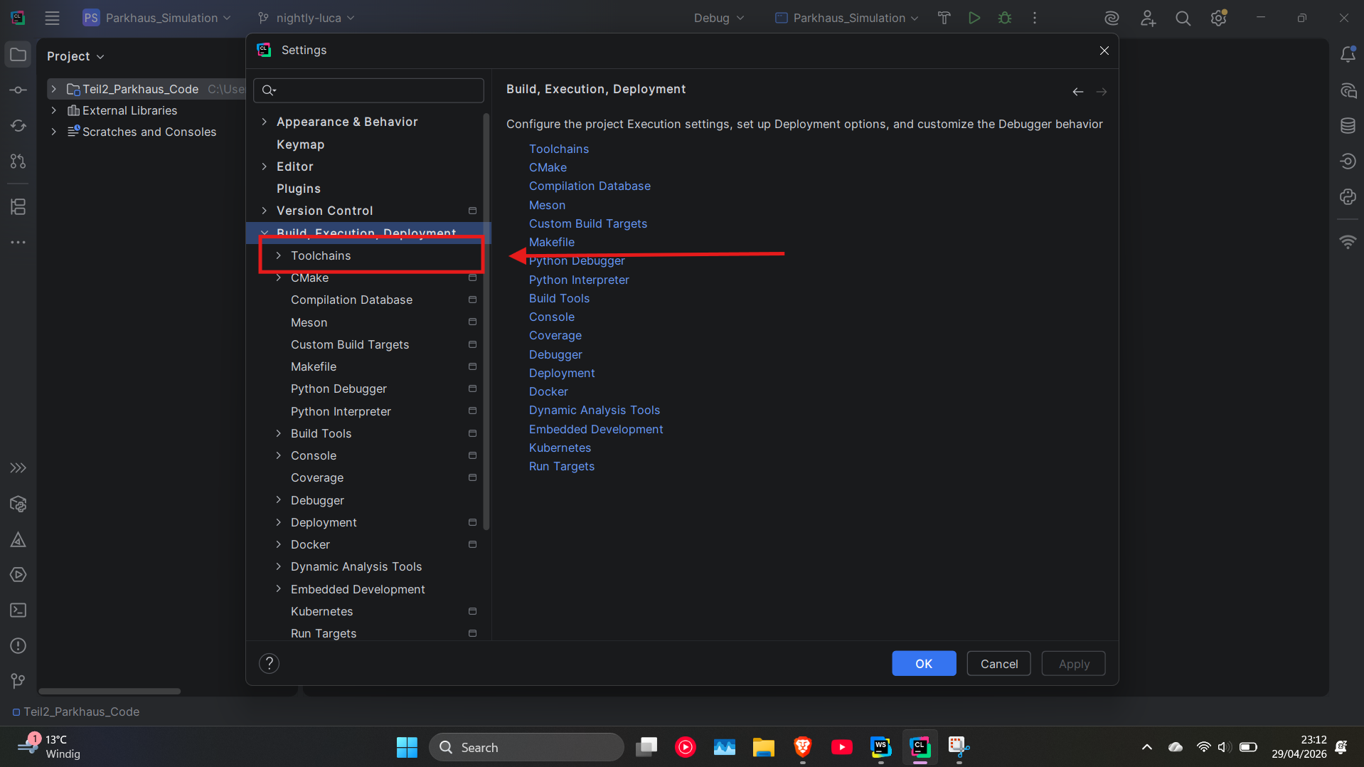 Toolchains pane in Settings