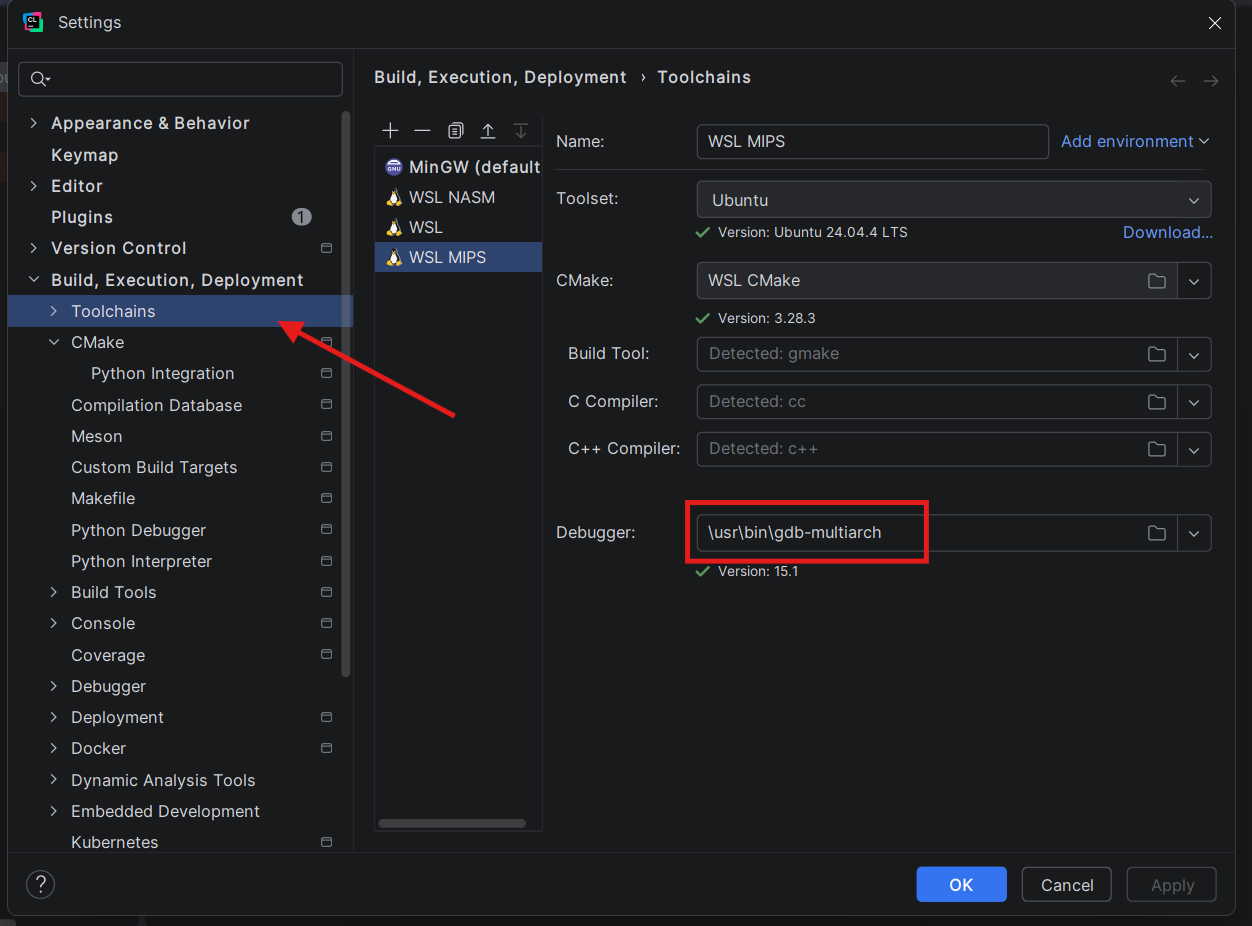 Adding the WSL MIPS Debug toolchain with gdb-multiarch as the debugger