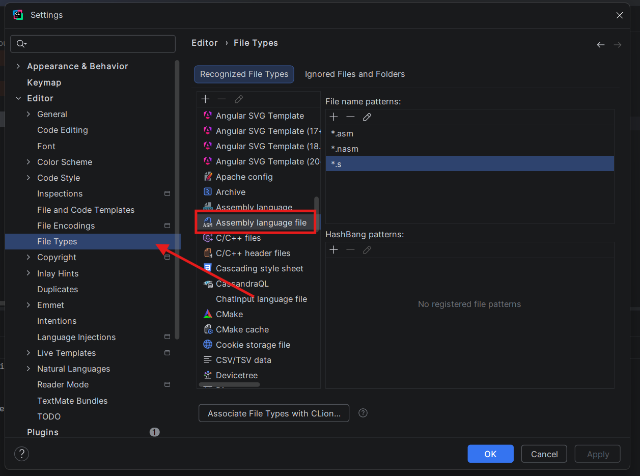 Adding *.s to Assembly language file in File Types