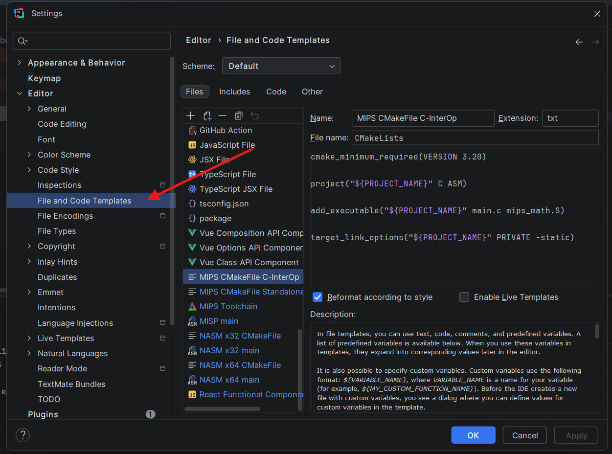 File and Code Templates dialog filled in for the MIPS CMakeFile C-InterOp template