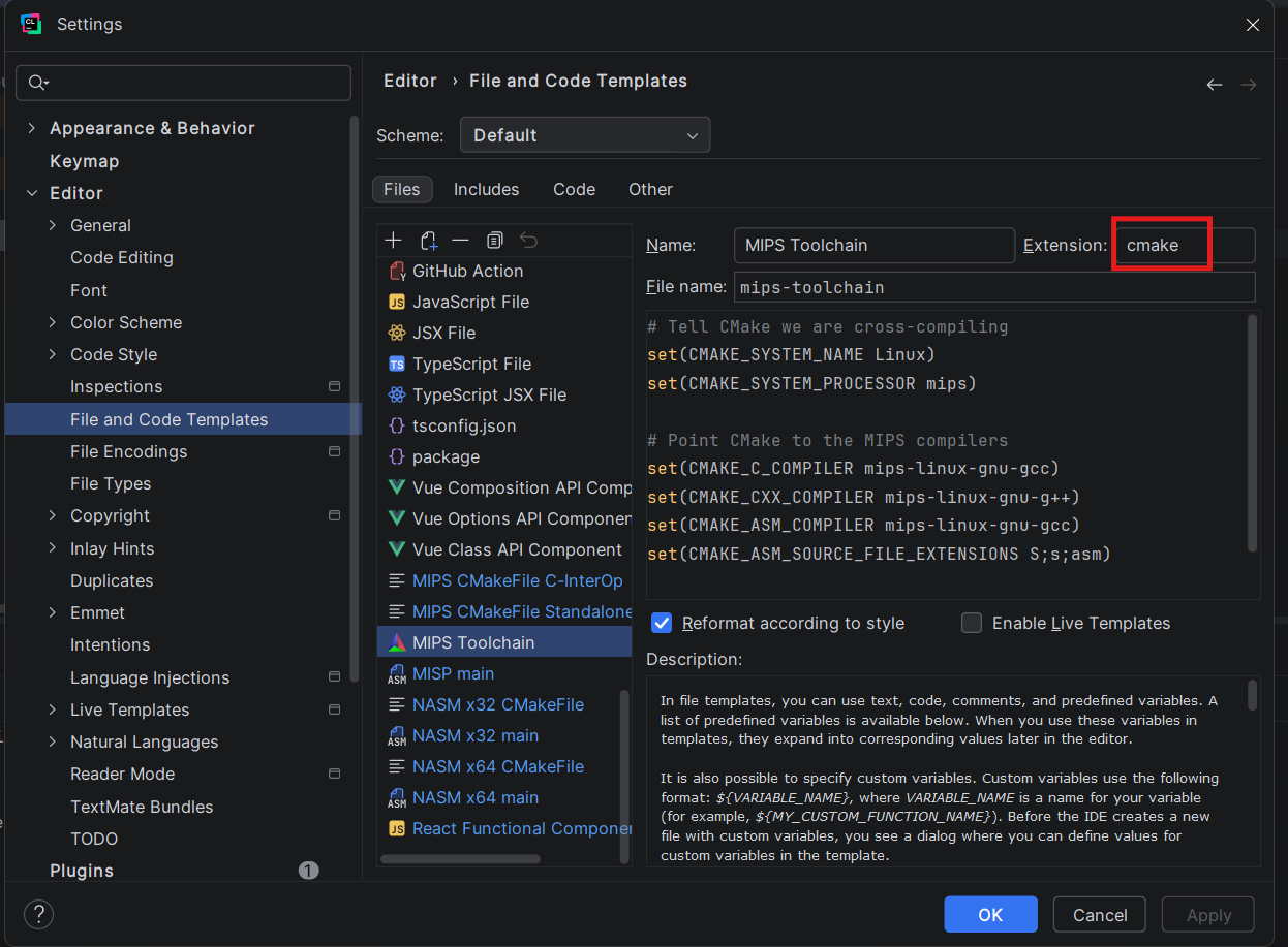 File and Code Templates dialog filled in for the MIPS Toolchain template