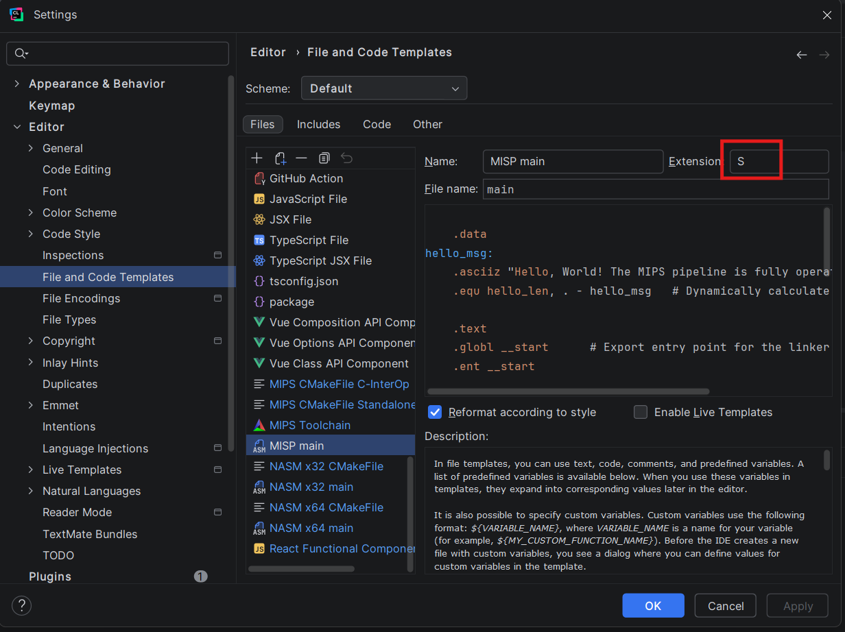 File and Code Templates dialog filled in for the MIPS main template