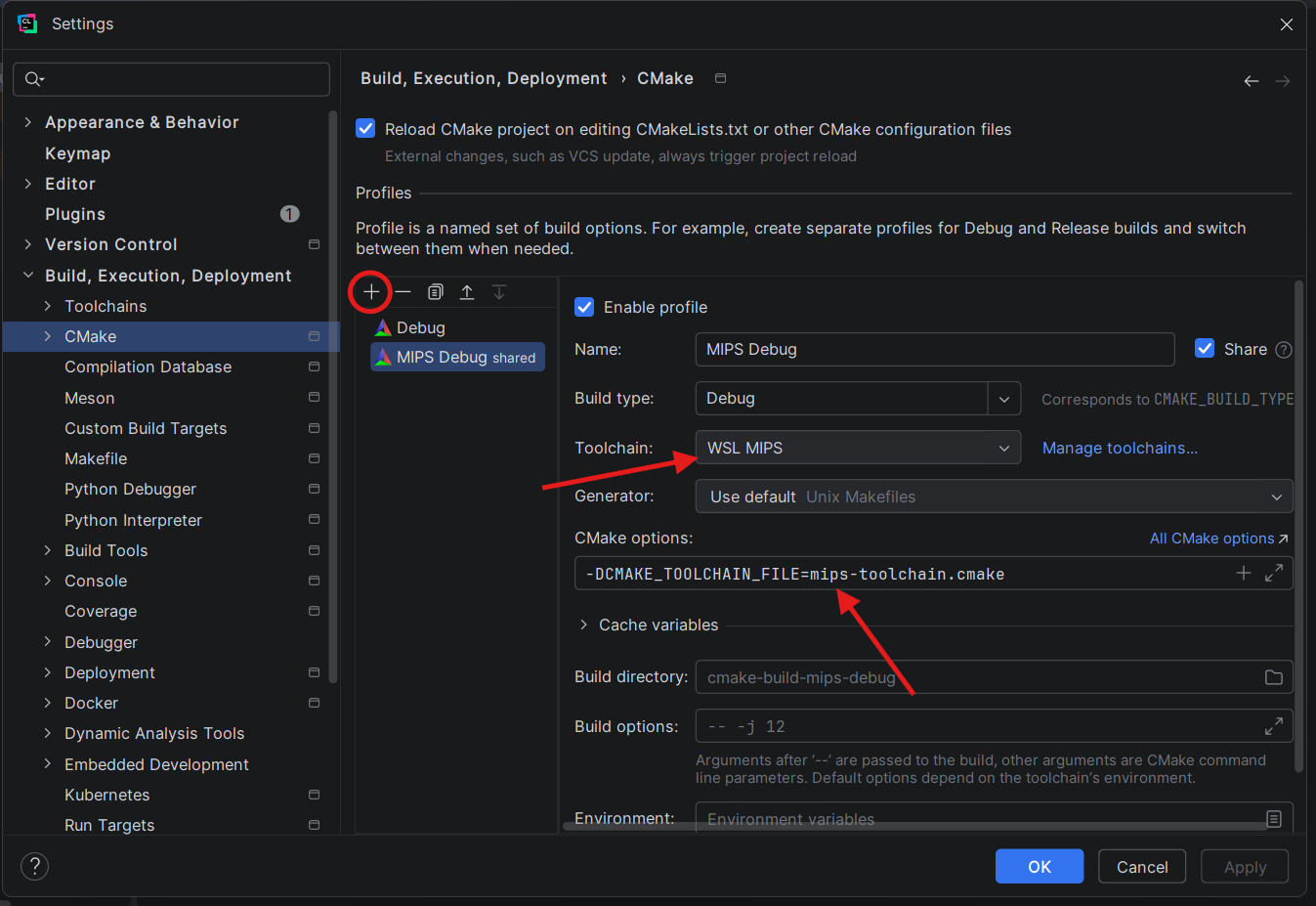 Creating the MIPS Debug CMake profile with the toolchain file pinned