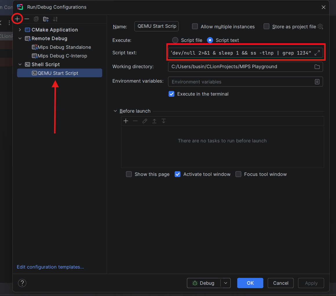Shell Script configuration for launching QEMU with GDB stub