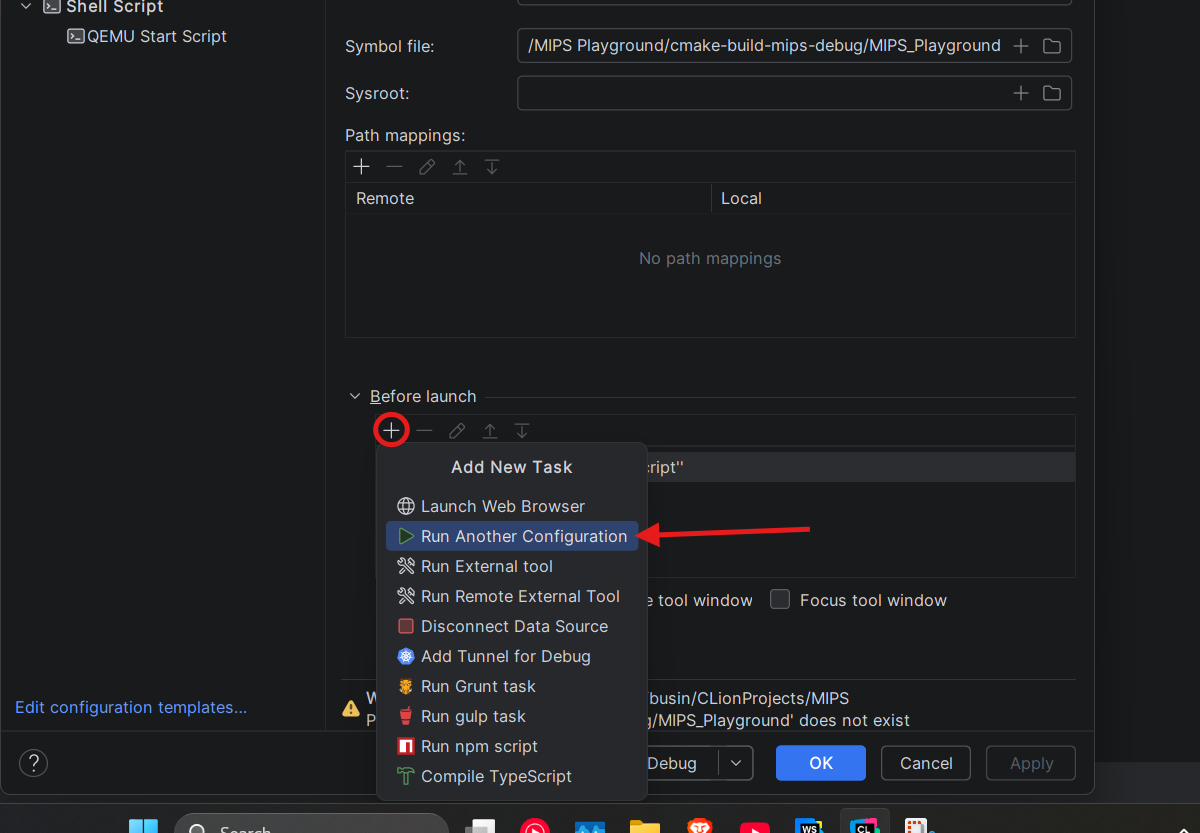 Adding the Before launch task — Run Another Configuration in the + menu