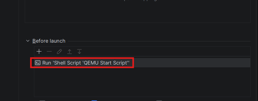 Before launch task wired to the QEMU shell script