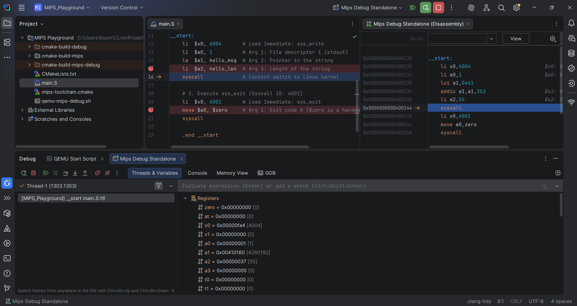 Debugger stopped at a breakpoint in main.S showing registers and source