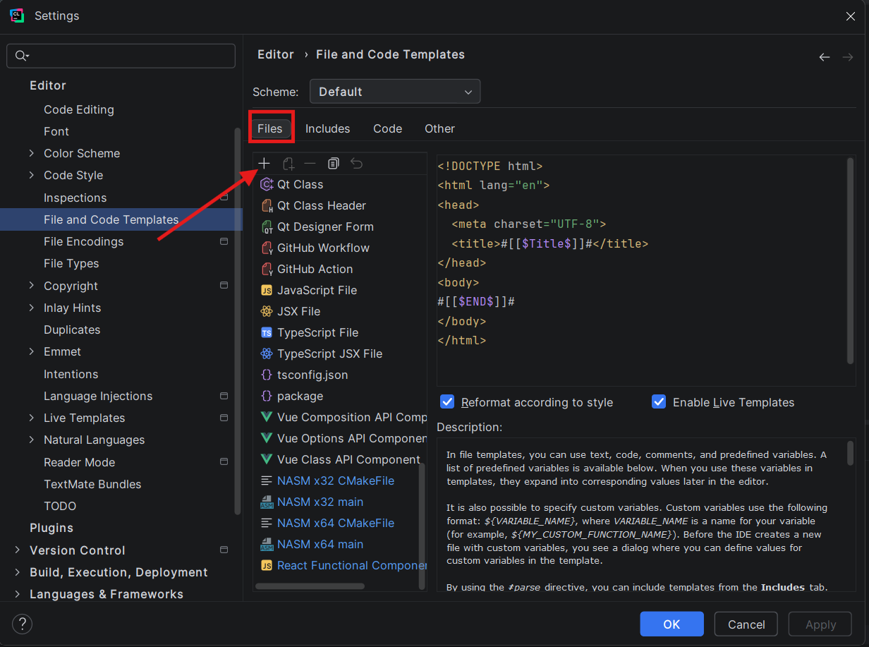 File and Code Templates with + highlighted