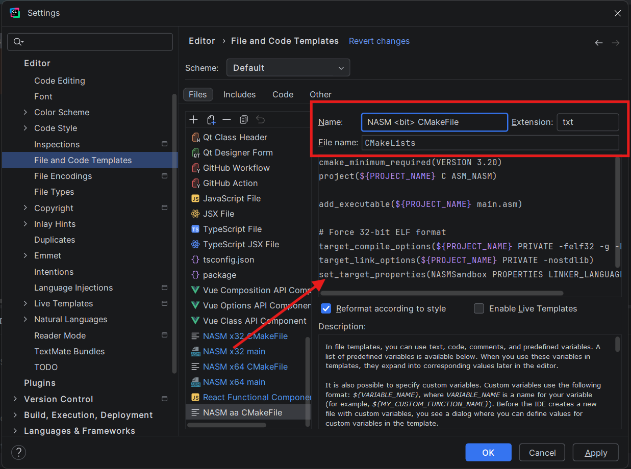 Naming the CMake template
