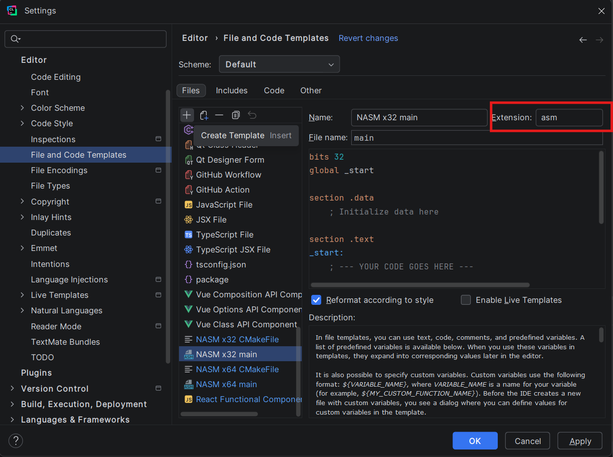 Naming the main.asm template