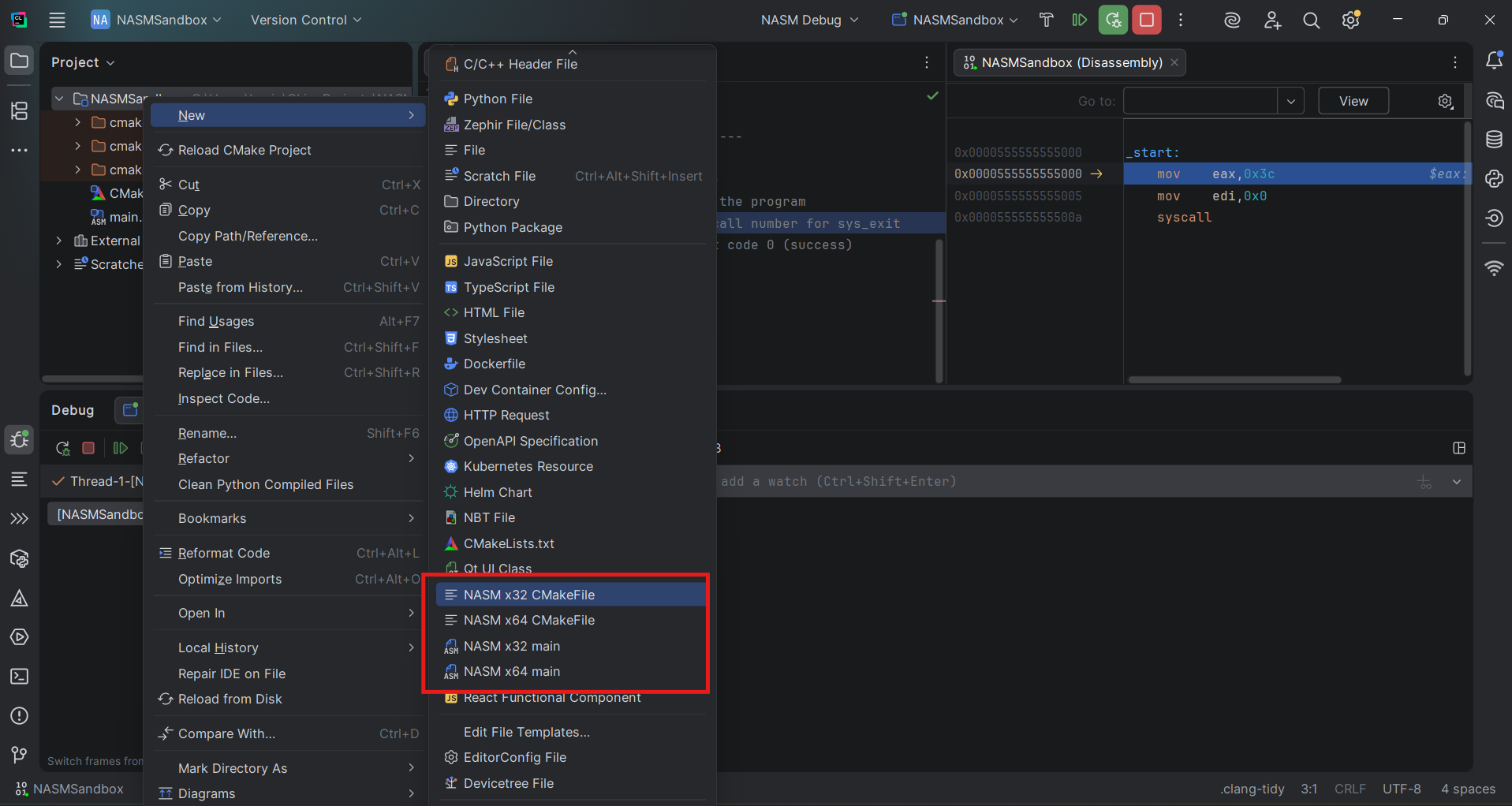 Custom NASM templates listed at the bottom of the New file menu