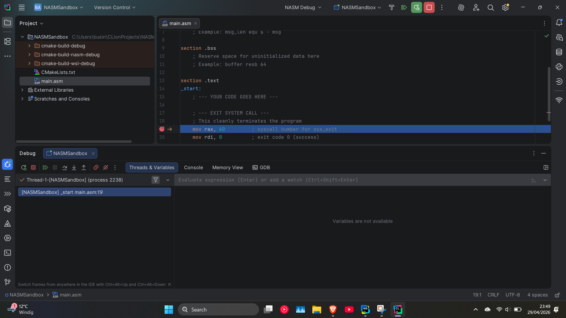 Setting a breakpoint in a .asm file