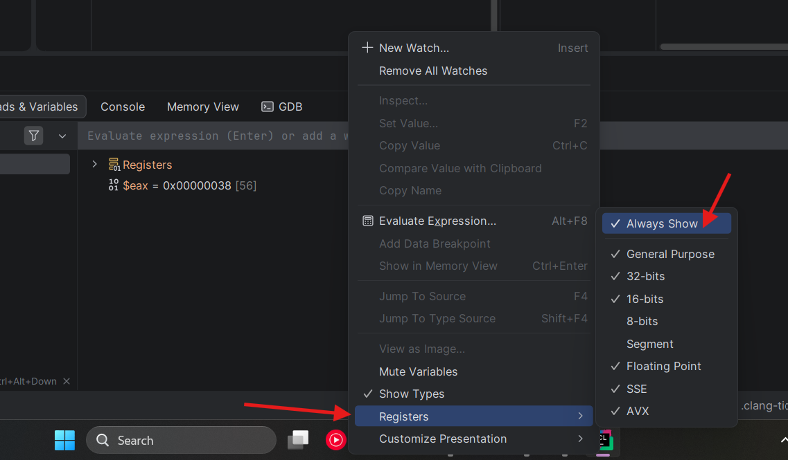 Register selection modal