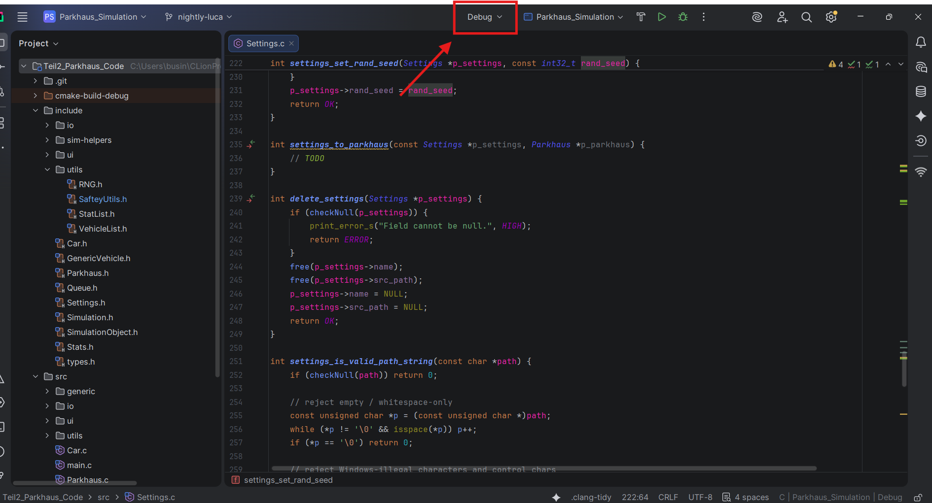 CLion's top toolbar with the CMake profile dropdown highlighted
