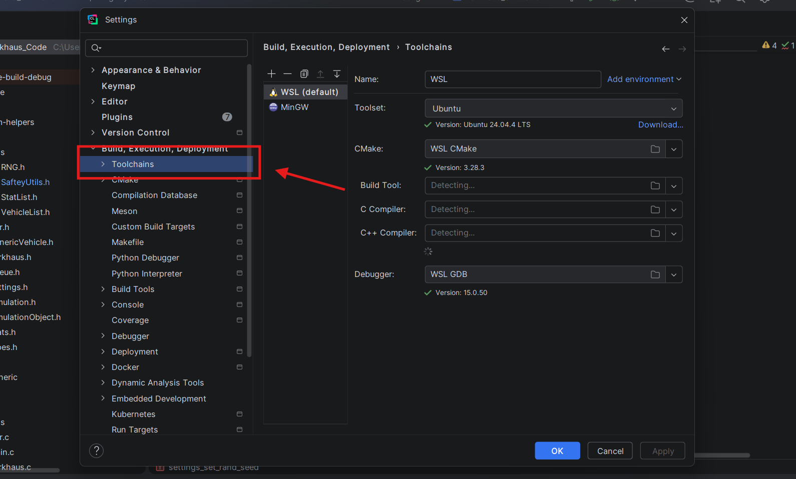 CLion settings window open on the Toolchains pane