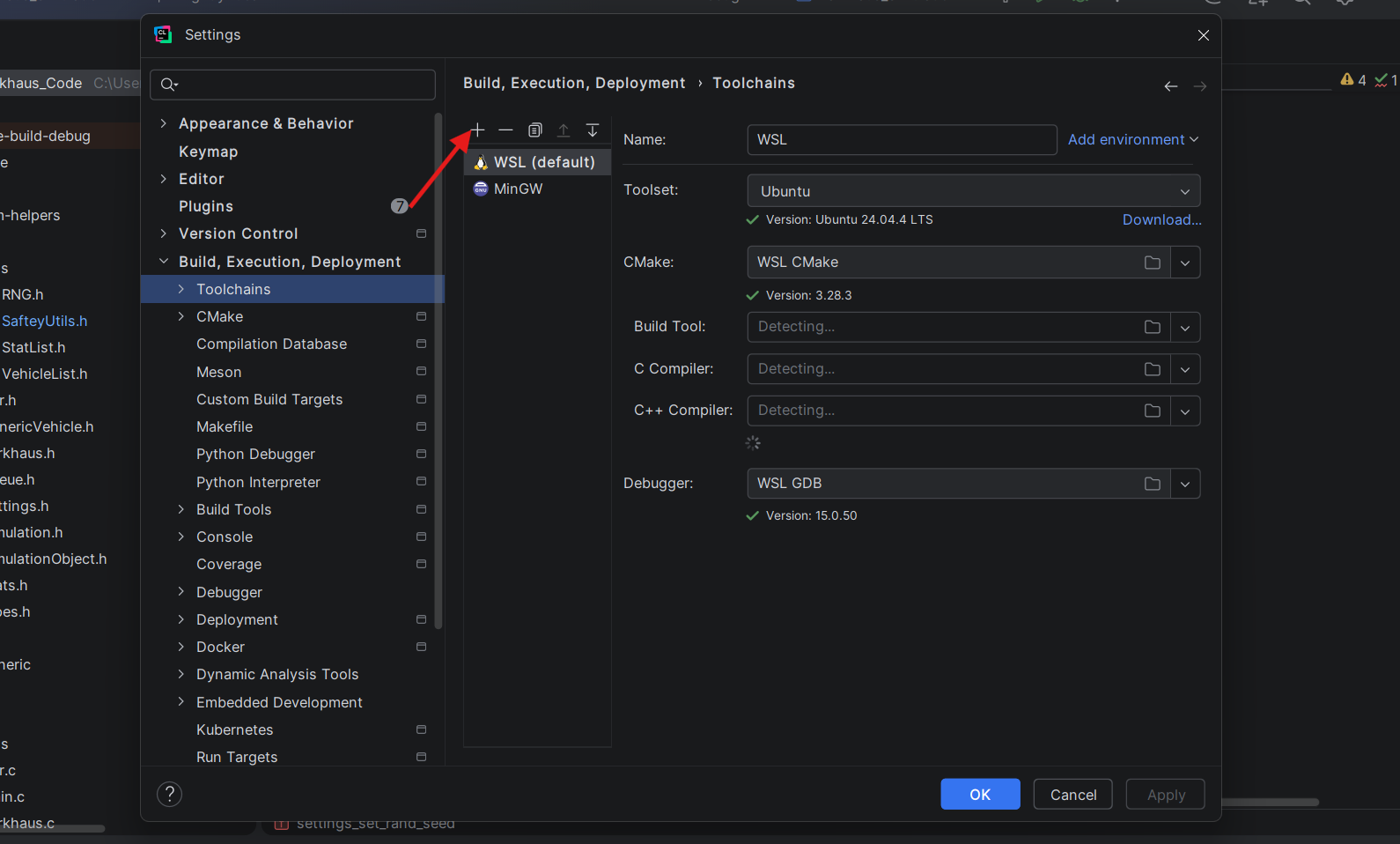 Adding a new toolchain — WSL option in the + dropdown