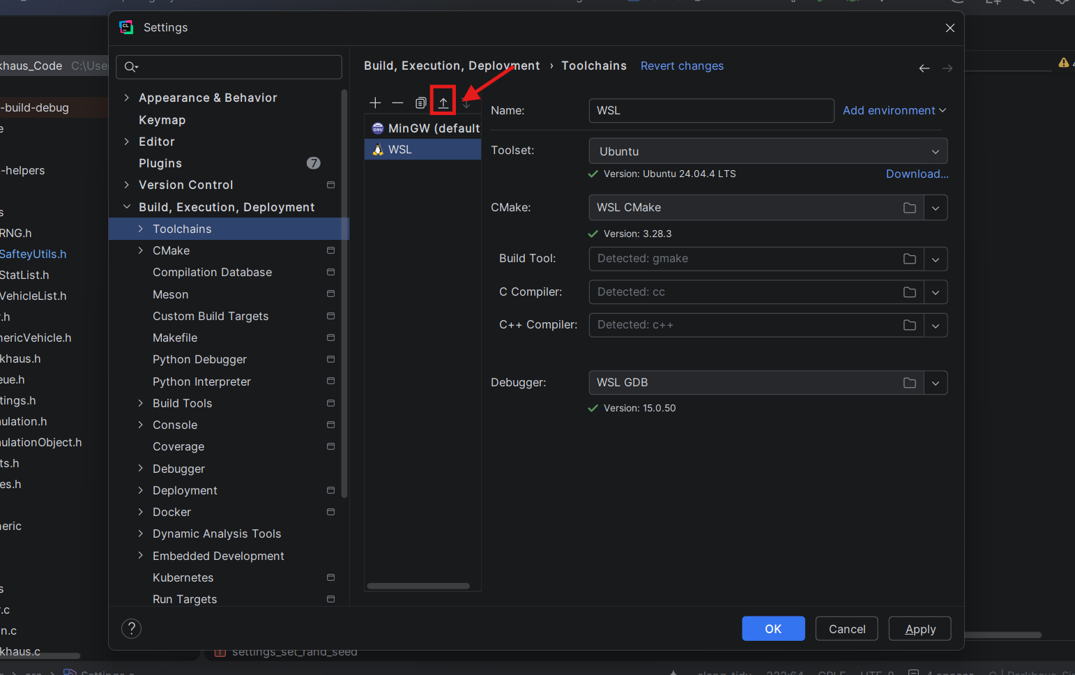 WSL toolchain auto-populated and reordered above MinGW