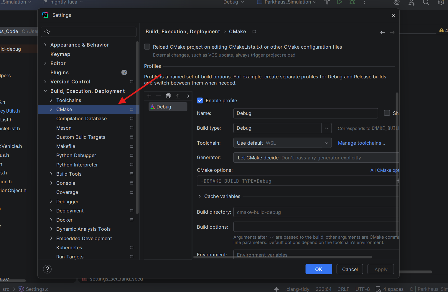 CLion settings window on the CMake pane