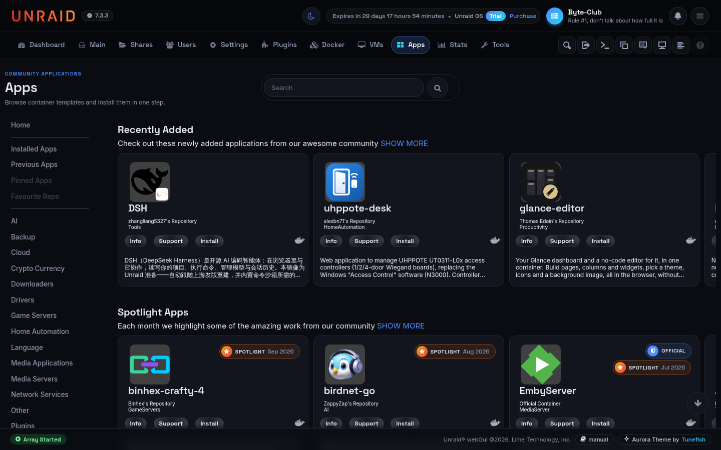 Apps tab with a nav menu, a centred search and app cards with spotlight badges