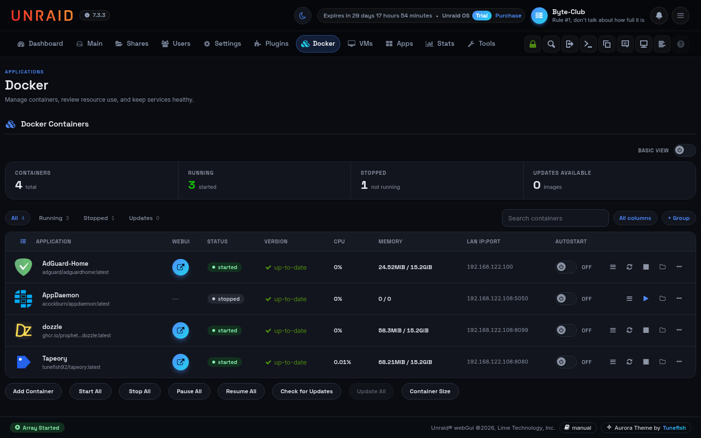 Docker list with totals, filters, search and a WebUI button per container
