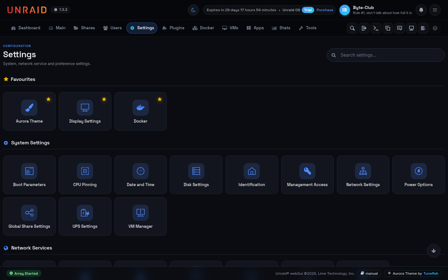 Settings page with a favourites section and a search field