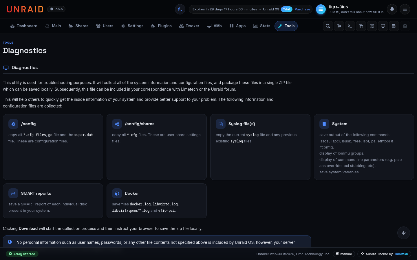 Diagnostics tool page with the collected files as cards