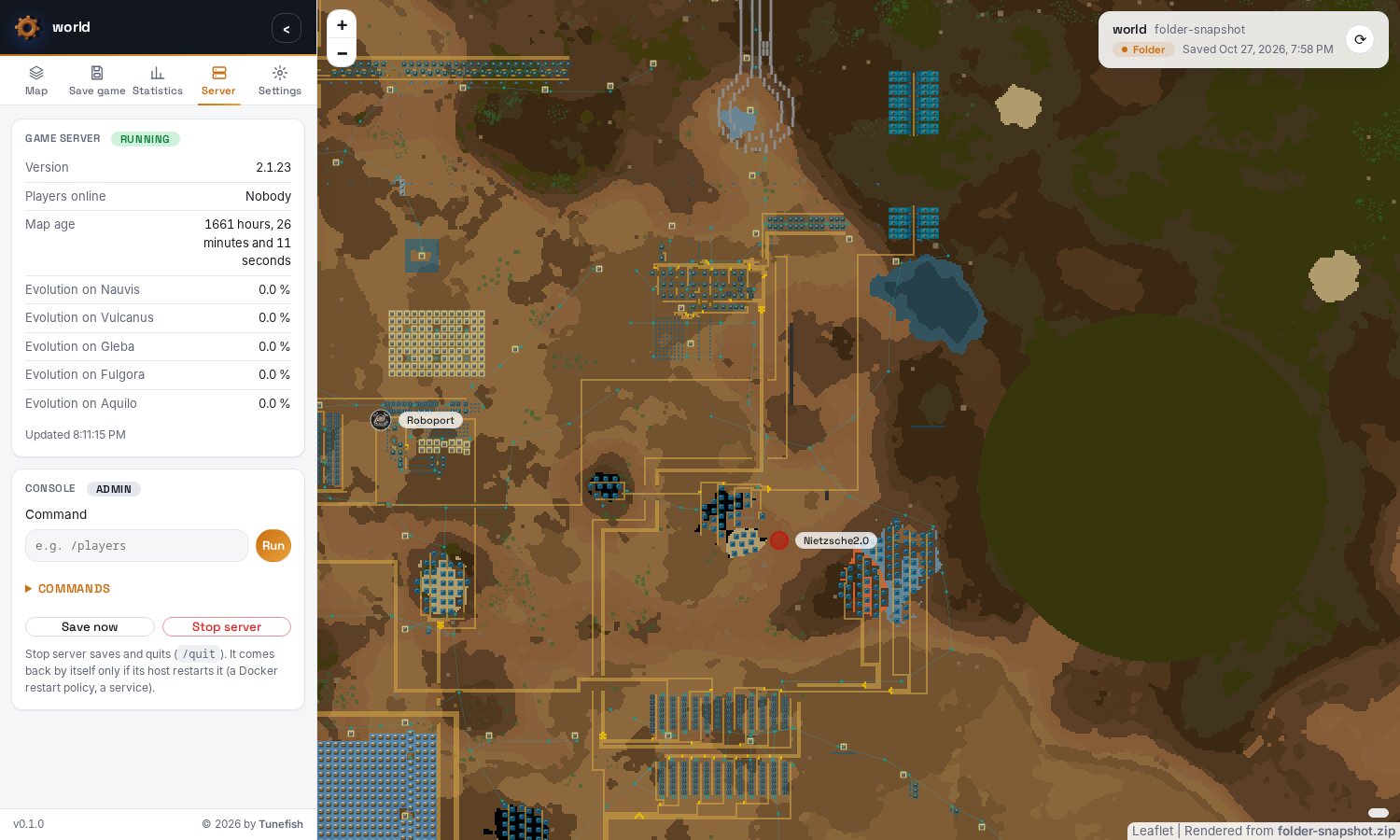 The game server's state and console