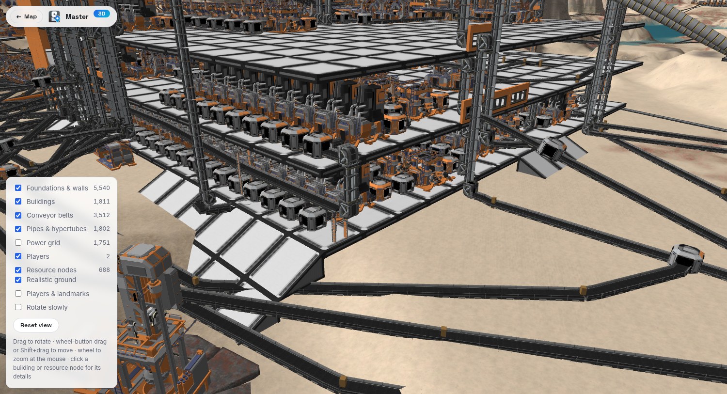 A factory in 3D with machines, belts and foundations