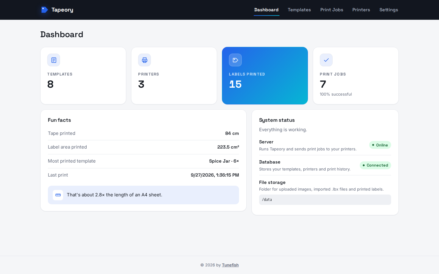 Dashboard with usage statistics and system status