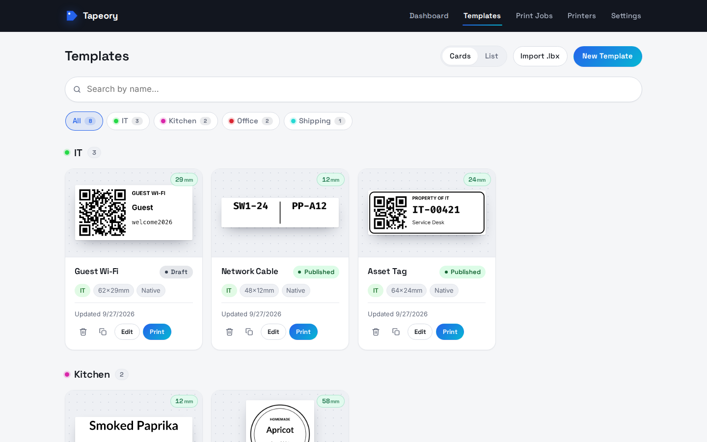 Template library grouped by category, with rendered thumbnails