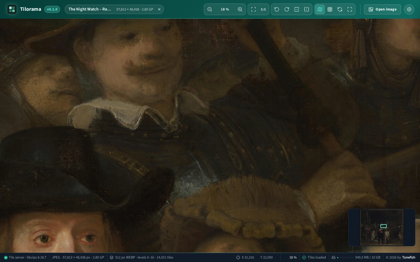 Zoomed in to 18 %: faces and a collar in the centre of the painting