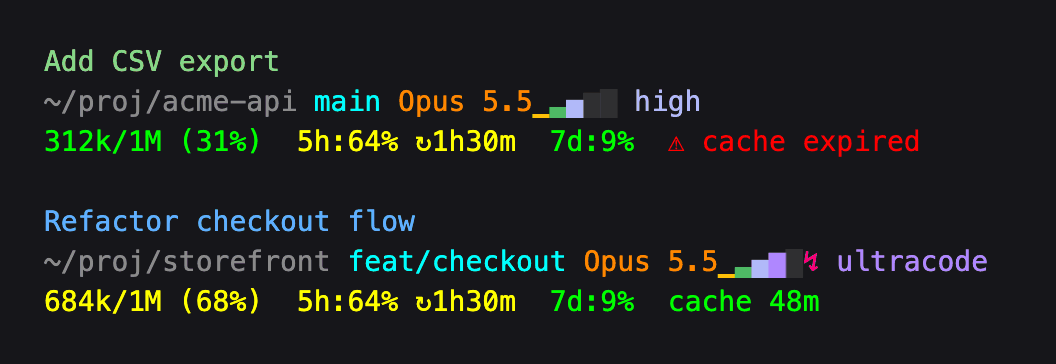 Two Claude Code sessions: session name colored per project; directory, branch, model and effort bar; context usage, rate limits and prompt-cache countdown, one expired and one with 48 minutes left